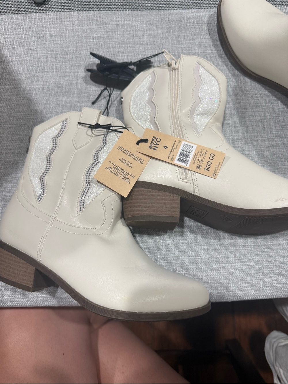 Girls' Cream Glitter Wing Ankle Boots with Side Zip
